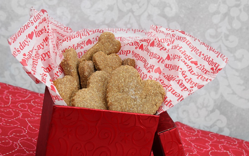 Valentine's day dog treats in red bag in Dallas.